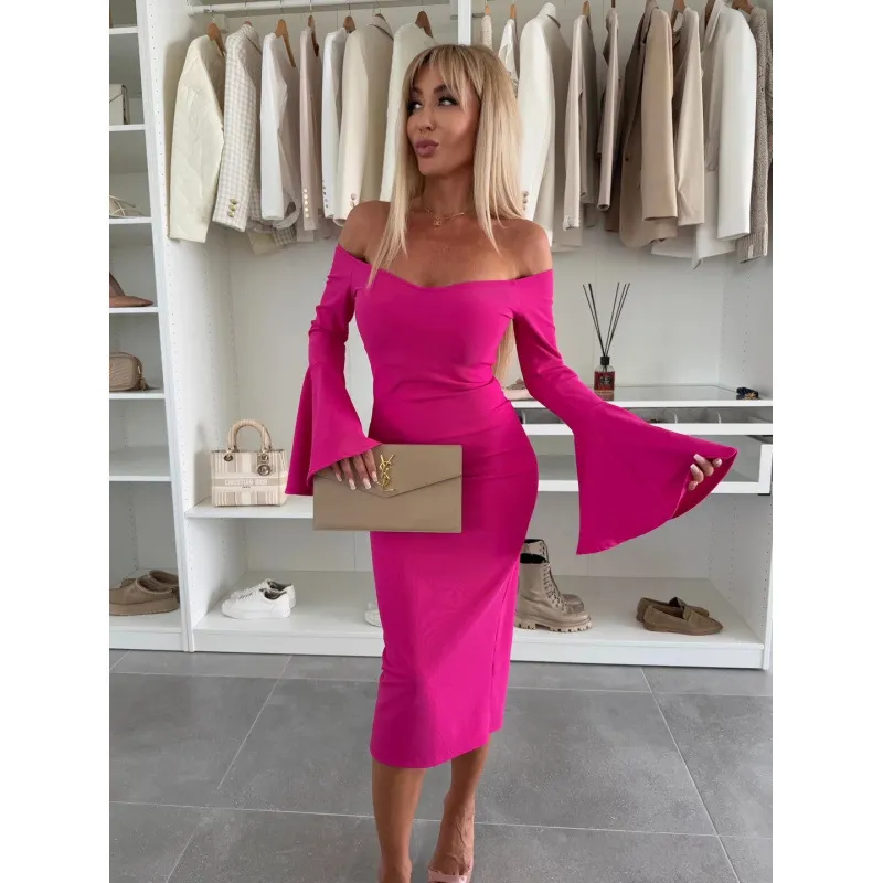 Solid Color Niche Design Off-neck Flared Long Sleeve Dress - Rose Red
