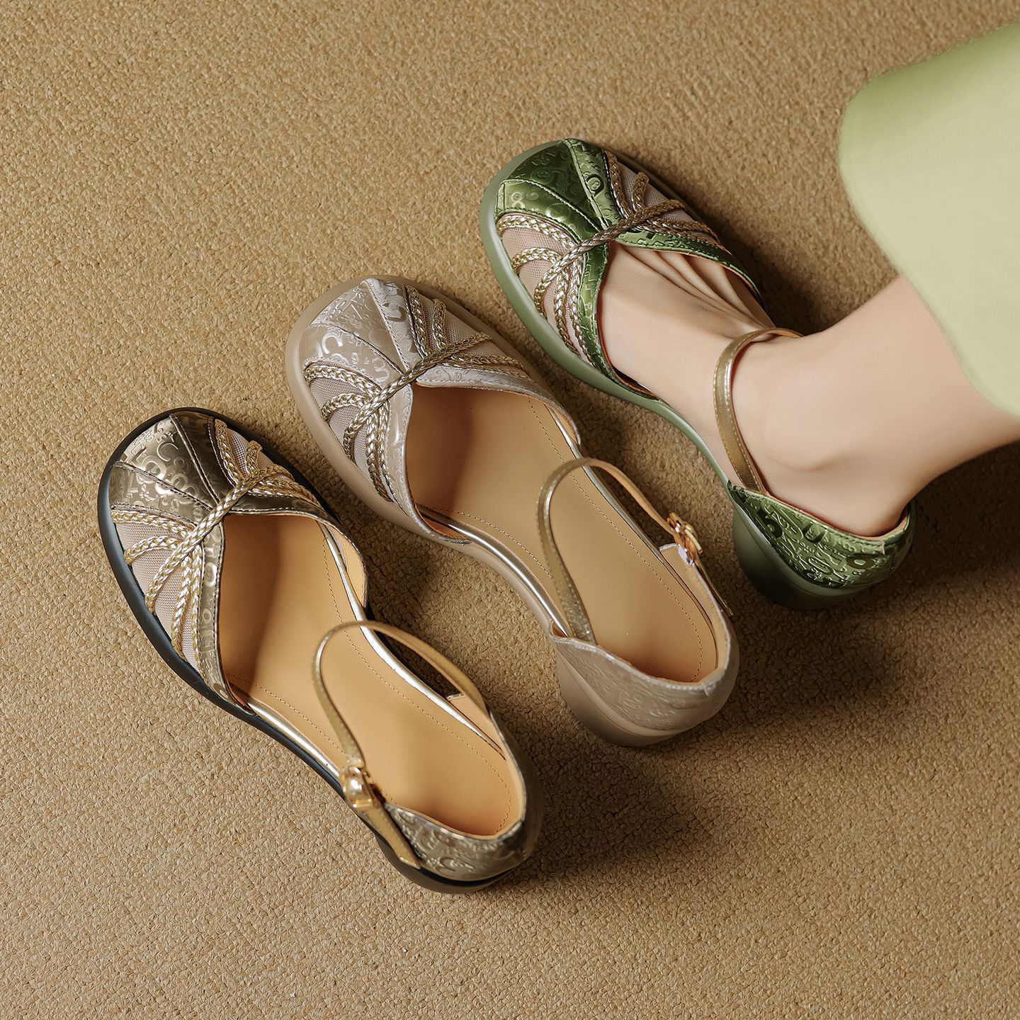 Cowhide Woven Mesh Fashionable High-heeled Shoes With A Strap Buckle