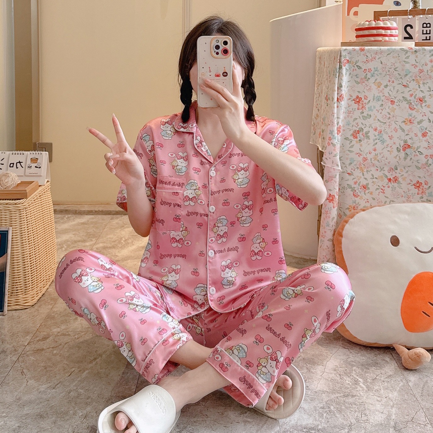 Summer Casual Short Sleeve Comfortable Lapel Ice Silk Home Wear Women 3 Style L - Shop at LoveMi