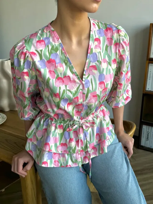 Drawstring Laced Puffed Sleeve V Neck Women's Blouse Style 1 - Shop at LoveMi