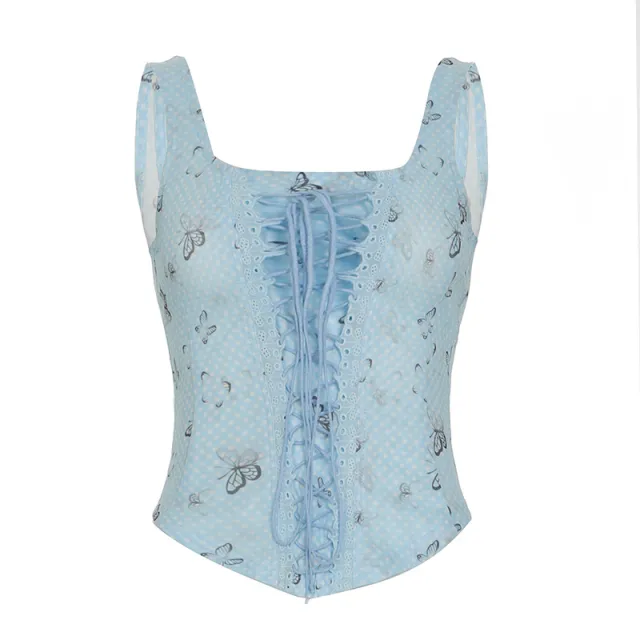 French Style Girl Square Collar Butterfly Printed Mesh Sling Top Blue - Shop at LoveMi