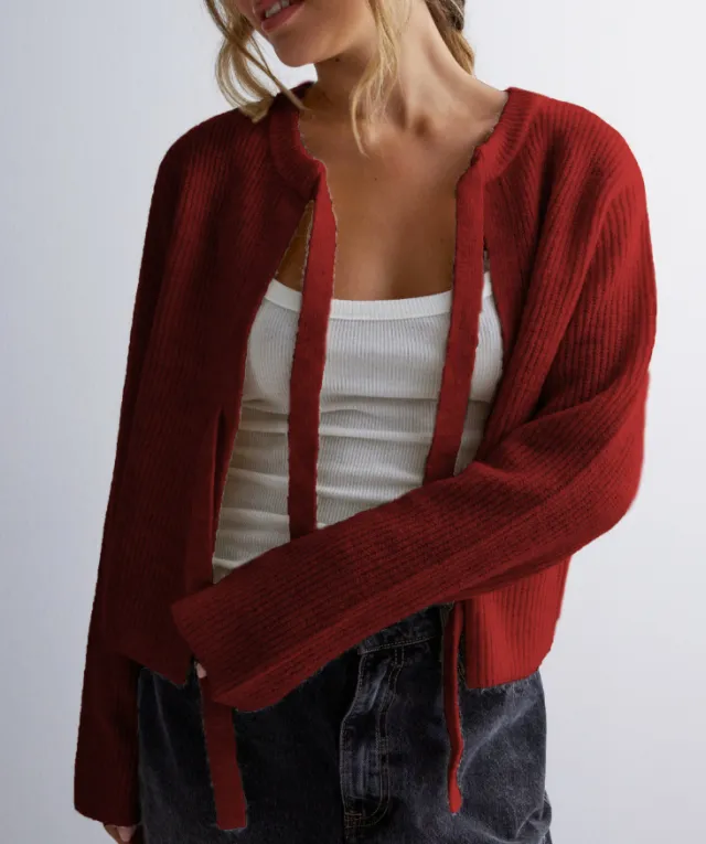 Women's Top Drawstring Cardigan Loose Sweater Red - Shop at LoveMi