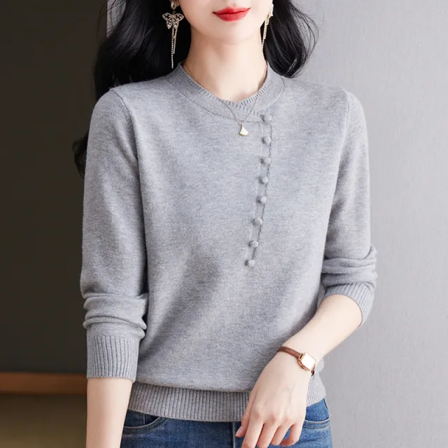 Long Sleeve Knitted Button Top Bottoming Shirt Gray - Shop at LoveMi
