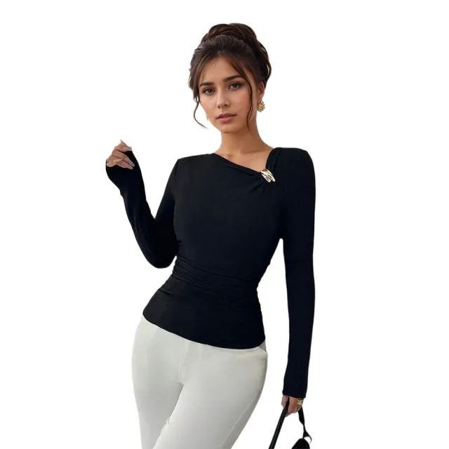 Oblique Collar Pleated Women's Stylish Slim New Slimming Spring And Autumn Base Shirt Black - Shop at LoveMi