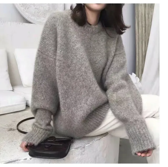 Women's Round Neck Straight Plus Size Thick Pullover Loose Sweater Gray - Shop at LoveMi
