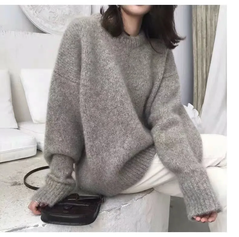 Women's Round Neck Straight Plus Size Thick Pullover Loose Sweater - Grey
