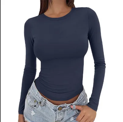 Women's Slim fit Solid Color Round Neck Long Sleeve AutumnWinter Navy Blue - Shop at LoveMi