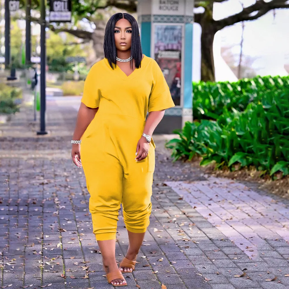 European And American Women's Clothing Solid Color Fashion Casual Street Wear Jumpsuit - Yellow