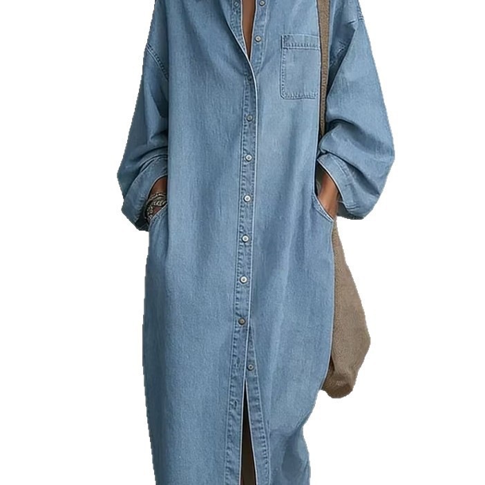 Single-breasted Loose-fit Denim Shirt Casual Dress