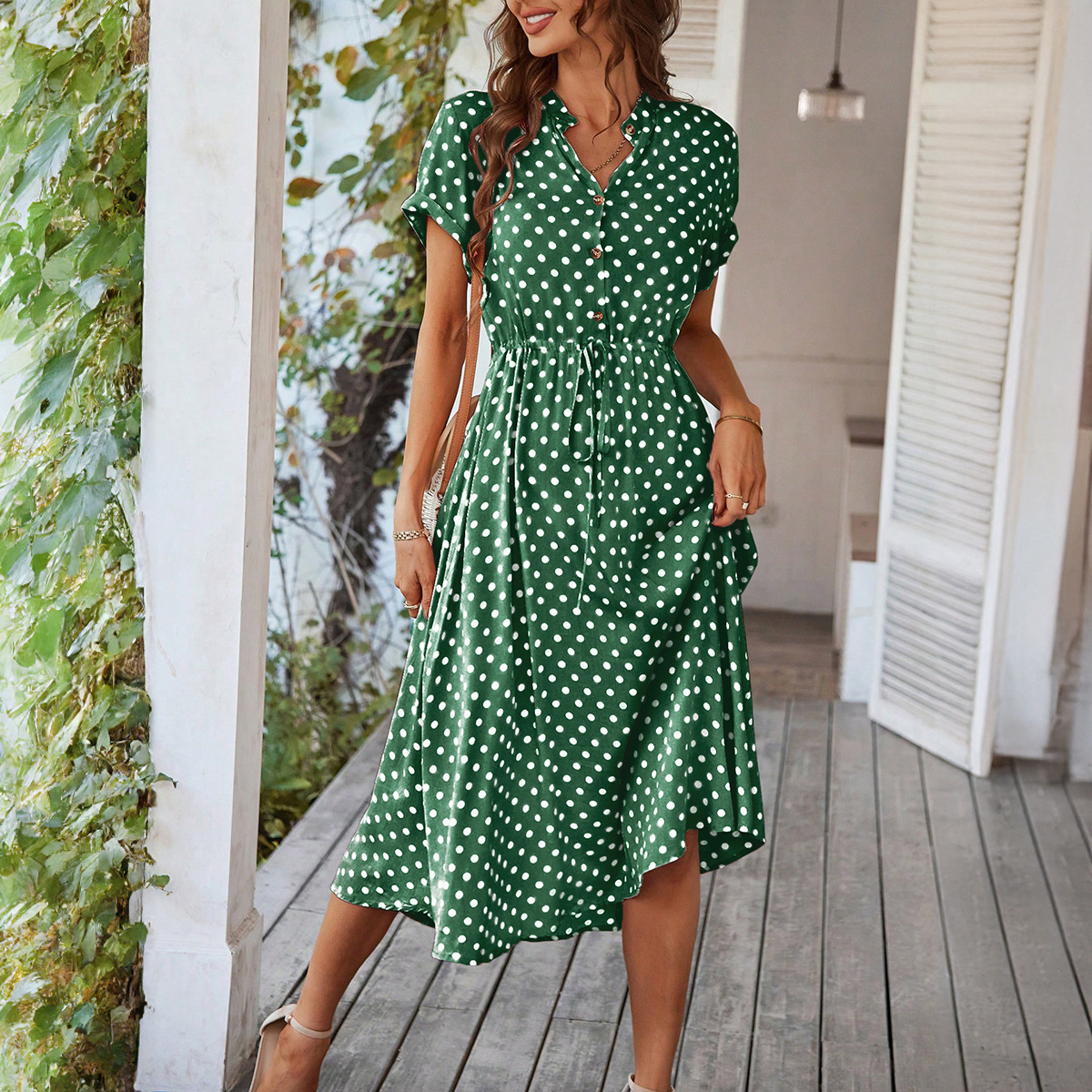 Temperament Leisure Vacation Style Polka Dot Print High Waist Lace up Dress Army Green - Shop at LoveMi