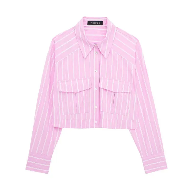 European And American Style Fashionable All match Striped Short Style Long sleeved Shirt Pink - Shop at LoveMi