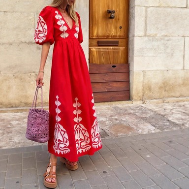 Womens Loose-fitting Casual Dress With Puff Sleeves And A Back-cutout Design