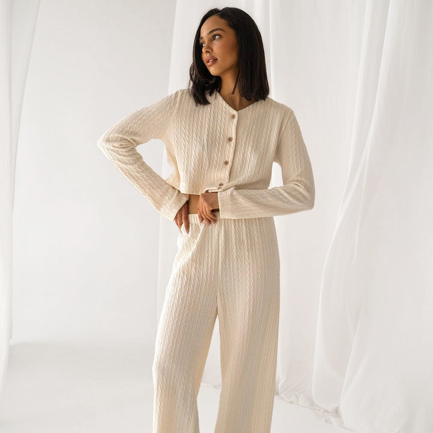 Fashion Simple Knitting Comfortable Warm Long Sleeves Trousers Pajamas Two-piece Set
