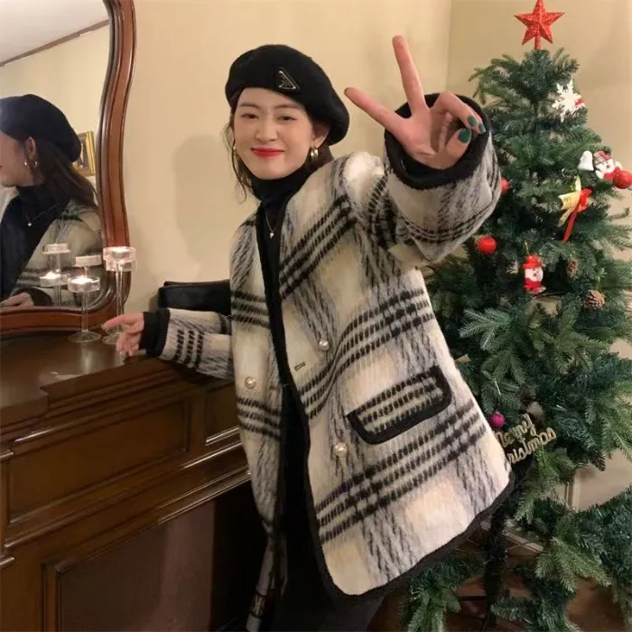 High Sense Classic Style Plaid Wool Coat - Black