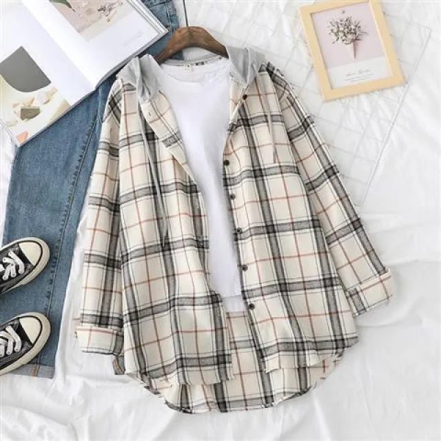 Retro Style Springsummer Autumn Plaid Shirt Women's Loose And Hooded Cardigan Coat White - Shop at LoveMi