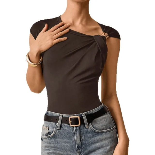 New Slim fit Solid color Metal decorated Short sleeve T shirt Brown - Shop at LoveMi