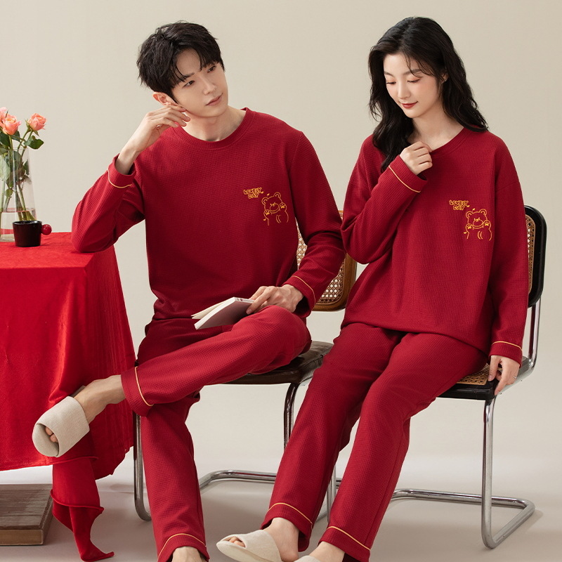 AutumnWinter Pajama Set For Couples Long-Sleeve Red Casual Loungewear