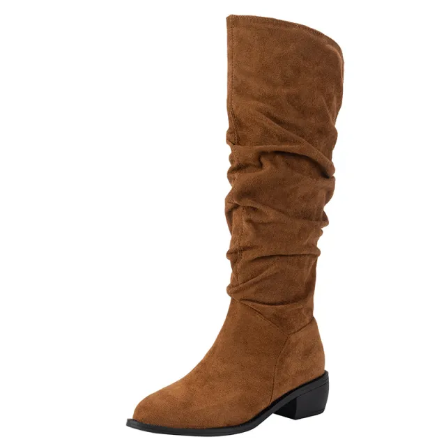 New Fashion Pointed Thick Heel Sleeve Suede High Leg Boot Camel - Shop at LoveMi