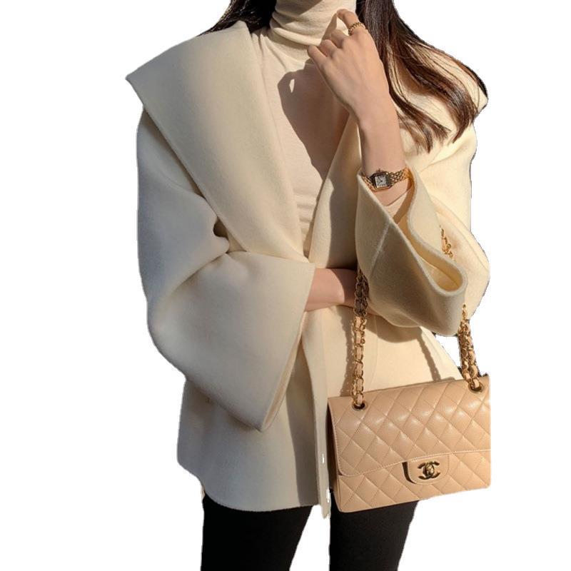 Dongdaemun Retro Temperament Hooded Woolen Coat Lace-up Waist-controlled Small Short