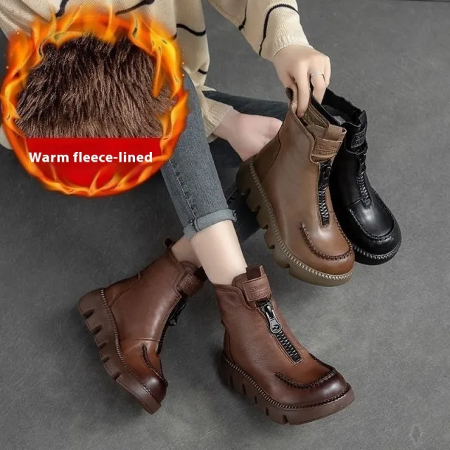 Cotton Boots Soft Full Grain Leather Retro Platform Motorcycle Boots Muffin Heel Brown - Shop at LoveMi