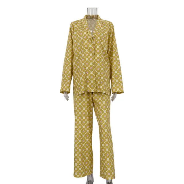 Printing Lapel Long Sleeve Cardigan Top Loose Trousers Two piece Set Yellow - Shop at LoveMi