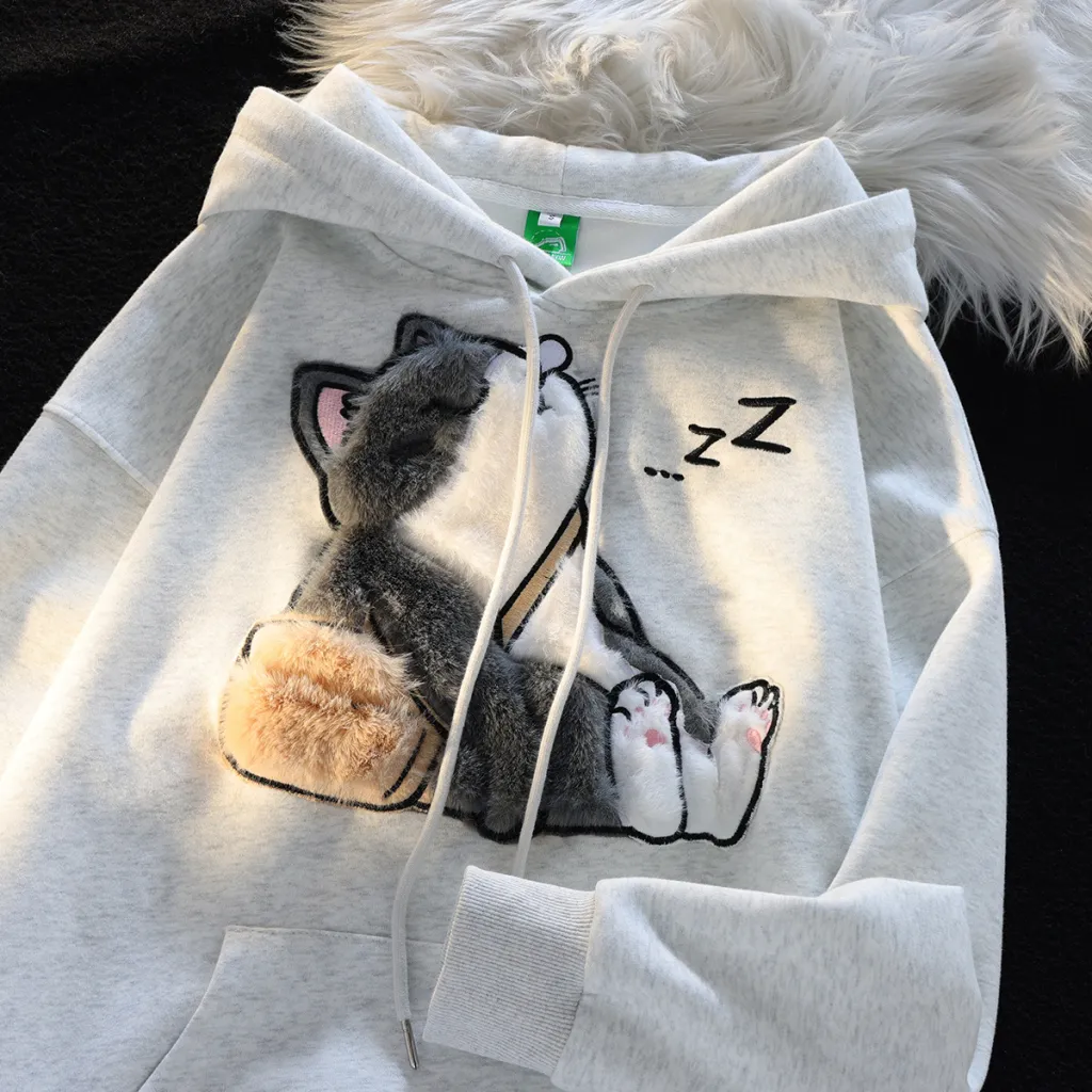 Ragdoll Flocking Hooded Sweater Couple Jacket - Gray