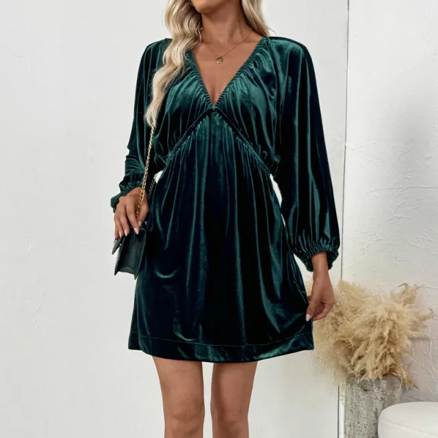 Elegant Retro Lantern Sleeve Pleating Deep V neck Velvet Dress Dark Green - Shop at LoveMi