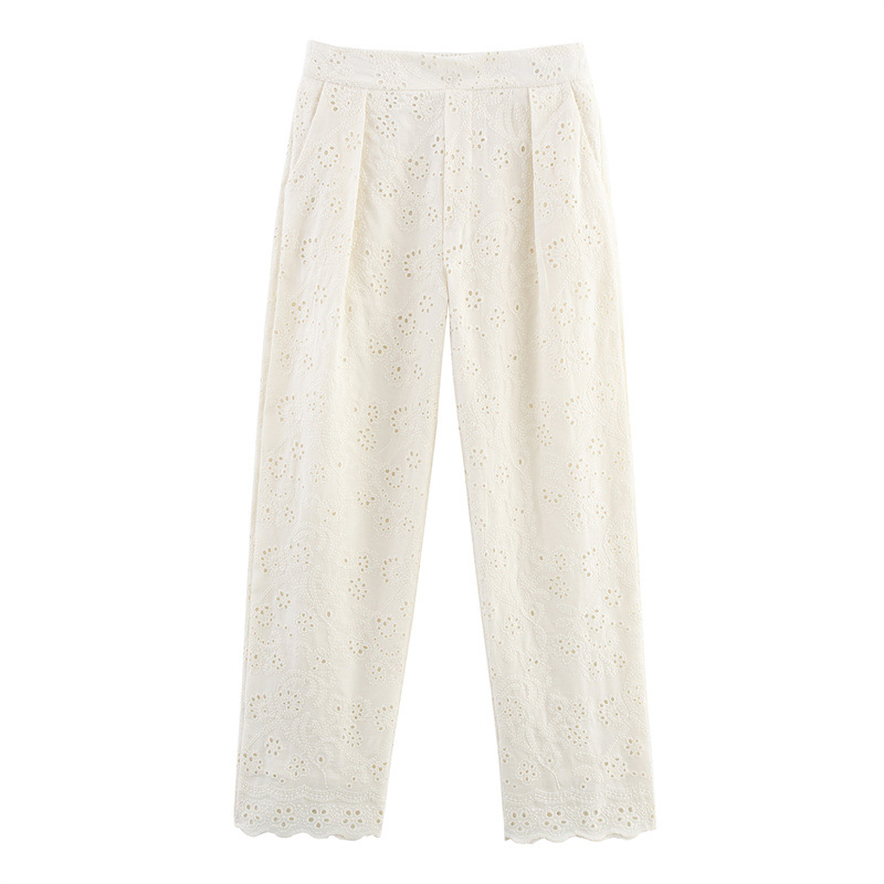 Summer Hollow Embroidered Women's Shirt Pants Suit