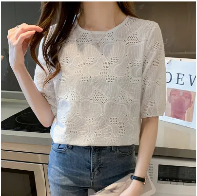 Embroidered Hollow Women's Chiffon Shirt White - Shop at LoveMi