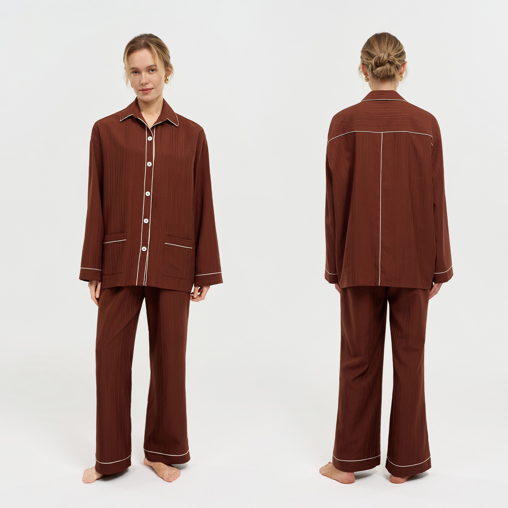 Womens Lapel-Neck Long-Sleeve Pajama Set With Long Pants
