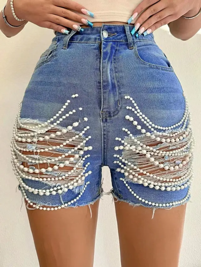 European And American Denim Shorts High Waist Slimming Handmade Bead Necklace Ripped Blue - Shop at LoveMi
