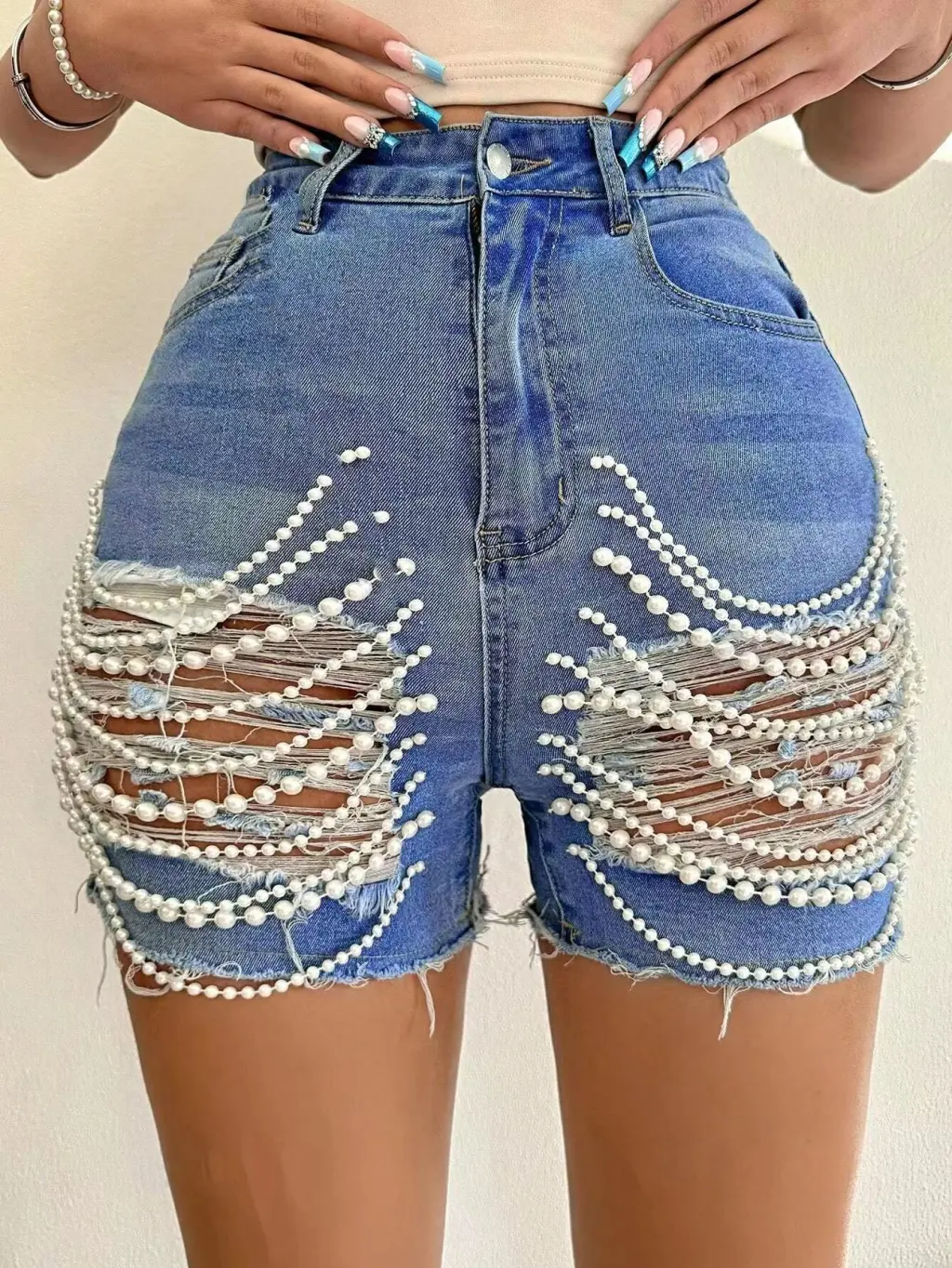 European And American Denim Shorts High Waist Slimming Handmade Bead Necklace Ripped - Blue