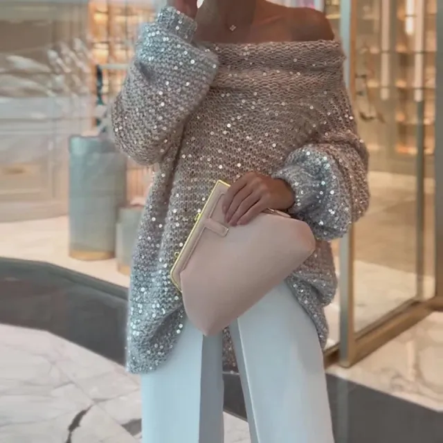 Sparkling Shoulder Width, Loose And Lazy Style Sweater For Women Silver - Shop at LoveMi