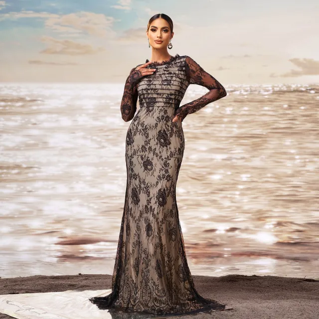 Long Sleeve Round Collar Gauze Sheath Fishtail Evening Dress Black - Shop at LoveMi