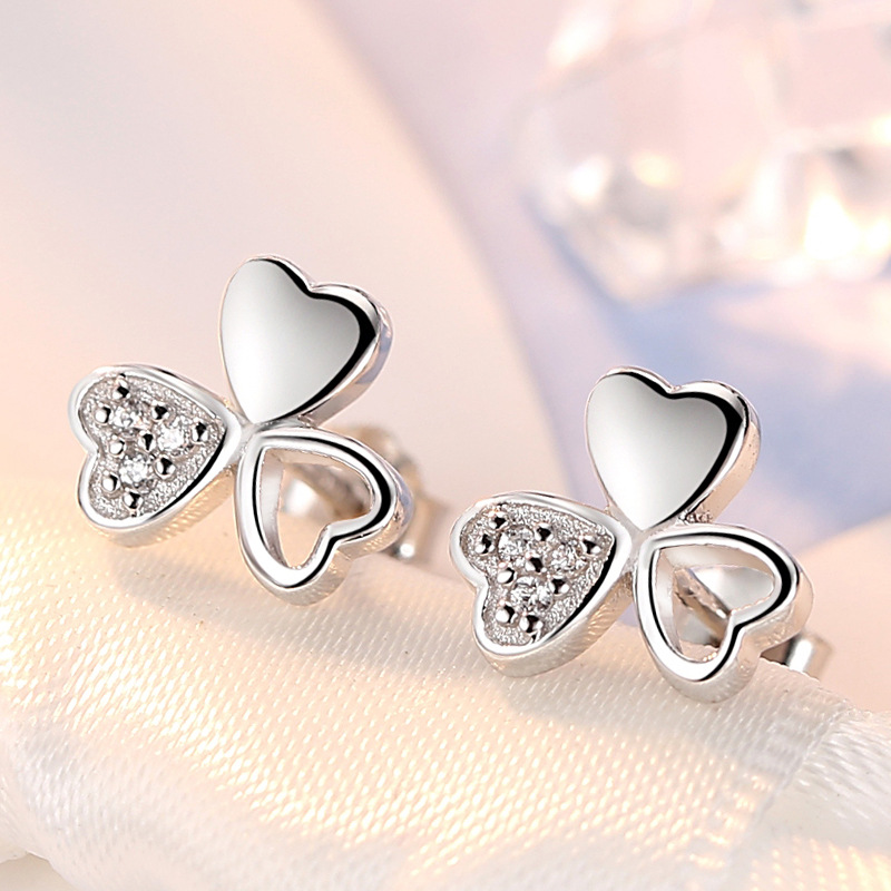 925 Silver Lucky Clover Zircon Stud Earrings Flower Cute