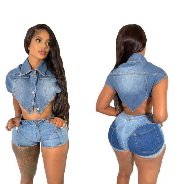 Shang Exposed Navel Sleeveless Irregular Top Stretch Denim Suit Lake Blue - Shop at LoveMi