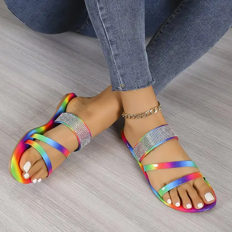 Round Toe Dream Color Rhinestones Flat Slippers