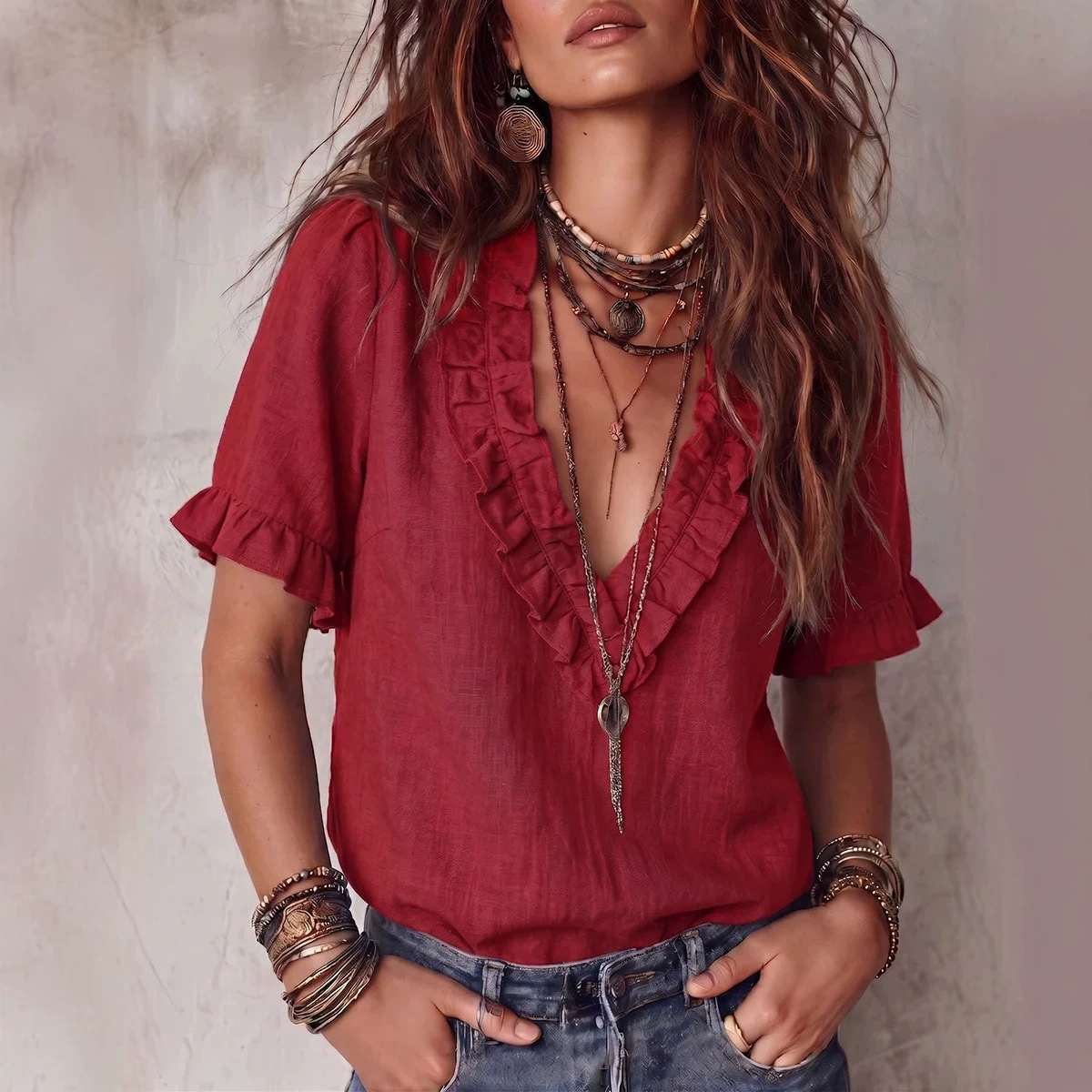 Cotton Pleated V-neck Casual Shirt Top Womens Clothing