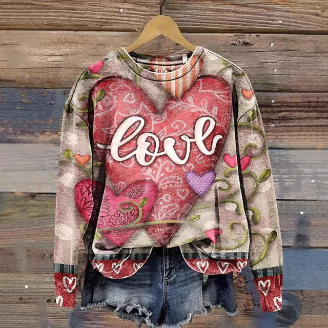 Heart Printing Round Neck Long Sleeve Pullover Hoodie Style E L - Shop at LoveMi