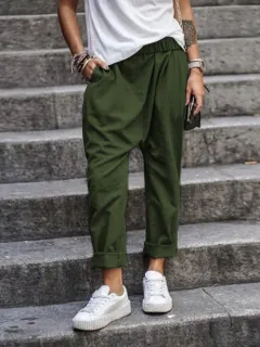 Women's Casual Pants With Pockets Elastic High Waist Harem Trousers Fashion Streetwear Clothing - Army Green - View 1