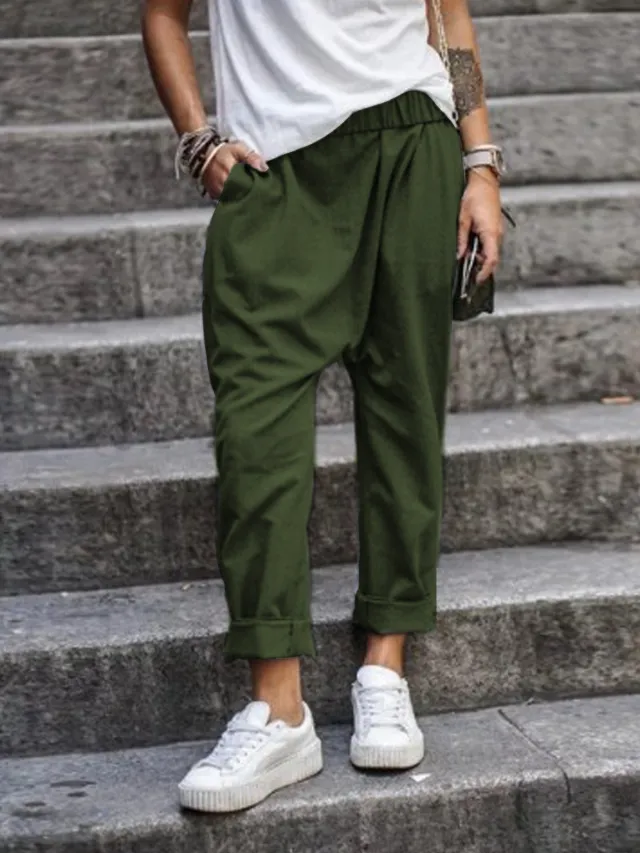 Women's Casual Pants With Pockets Elastic High Waist Harem Trousers Fashion Streetwear Clothing Army Green - Shop at LoveMi