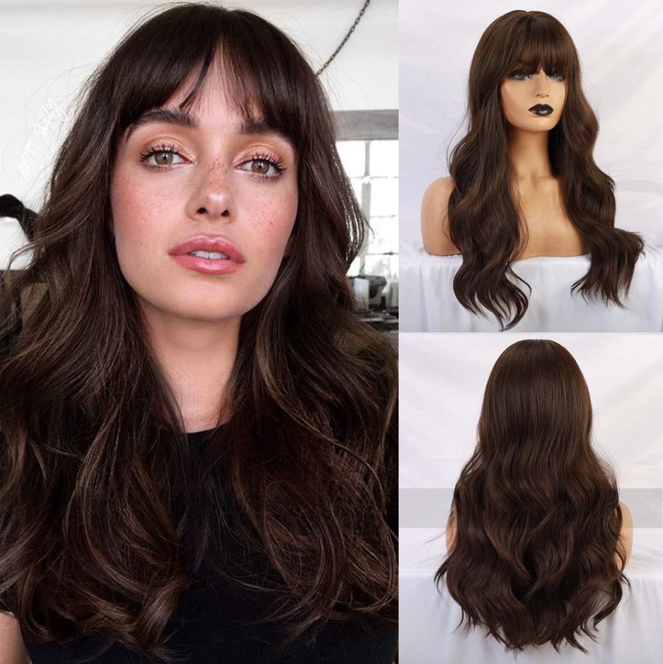 Women's Black Brown Bangs Long Curly Wig Black Brown 26Inch 255G - Shop at LoveMi