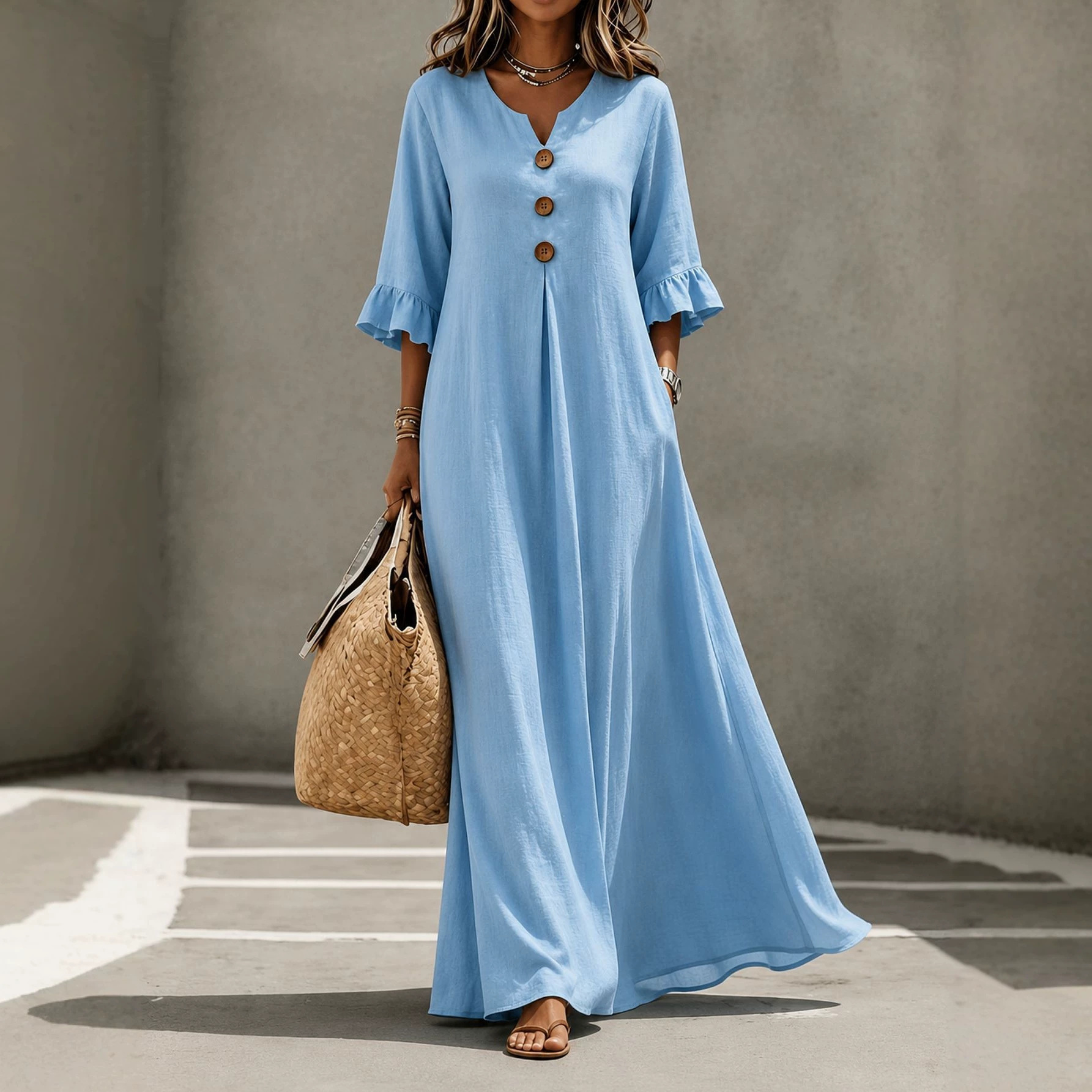 Solid-color Womens V-neck Chic And Elegant Dress