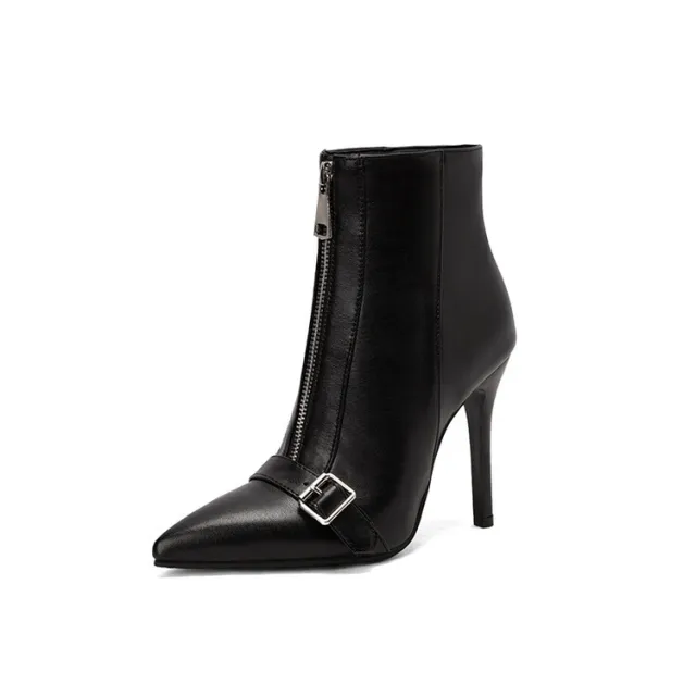 Belt Buckle Front Zipper High Heel Boots Black - Shop at LoveMi