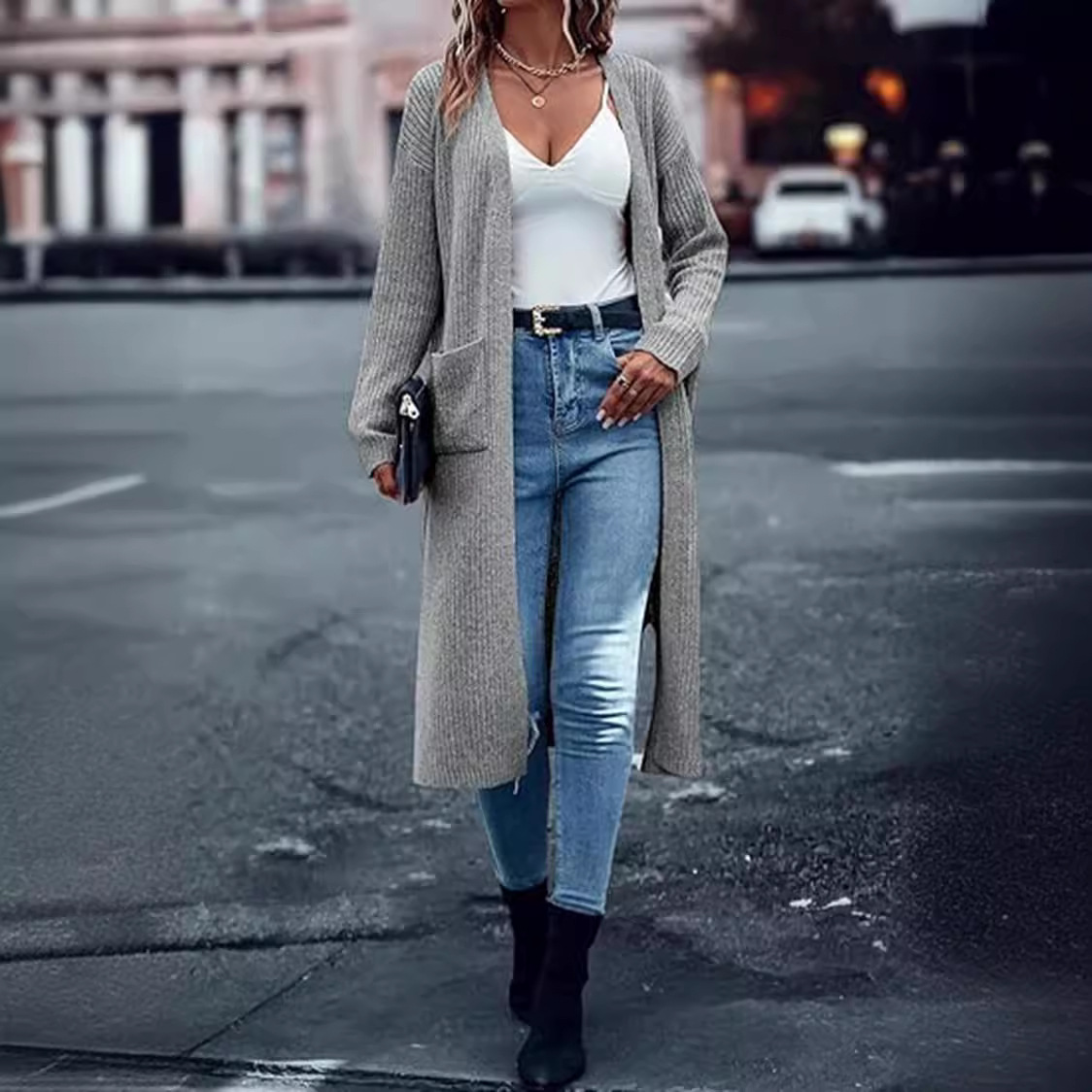 Knitted Pocket Cardigan Long Slit Loose Coat Sweater