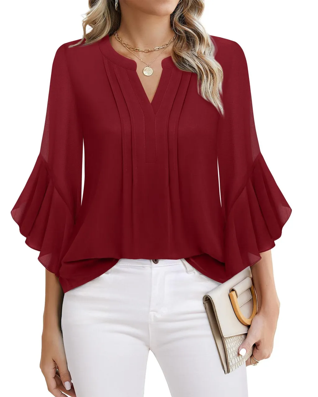 Lotus Leaf 34 Sleeve Top Solid Colour Fashion - Wine Red