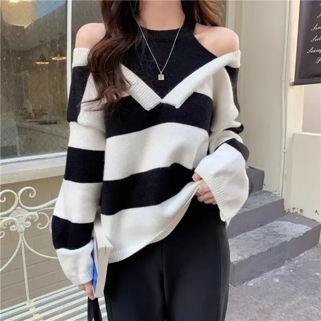 Korean Style False Two piece Halter Off the shoulder Loose Striped Sweater Black - Shop at LoveMi