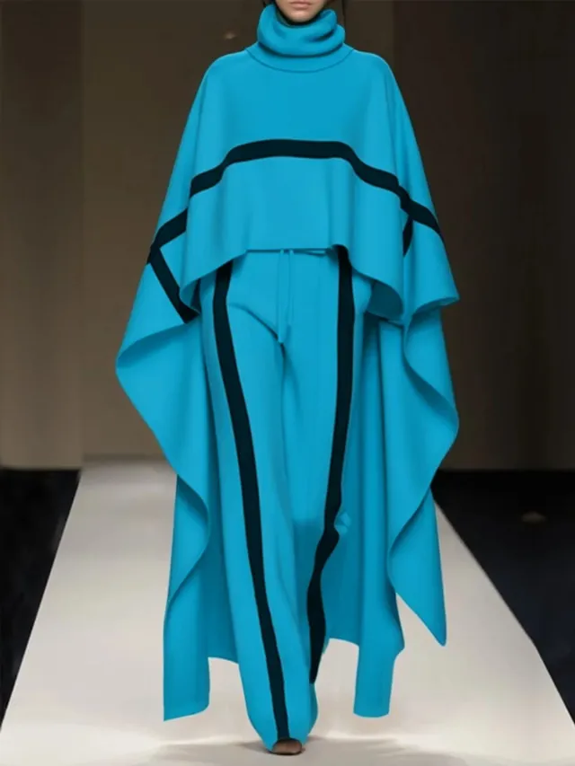 Plus Size Loose Shawl Women's Cloak Turtleneck Suit Blue - Shop at LoveMi