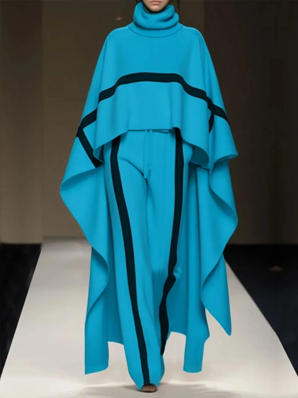 Plus Size Loose Shawl Women's Cloak Turtleneck Suit - Blue