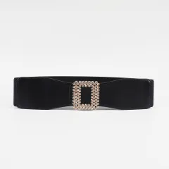 Elastic Female Black Rhinestone Square Buckle Elastic Waistband - Black - View 1